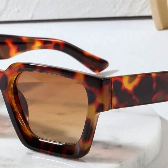 Retro Thick Square Frame Leopard Women Men Rectangle Y2K Brown Tint Sunglasses - Picture 5 of 8